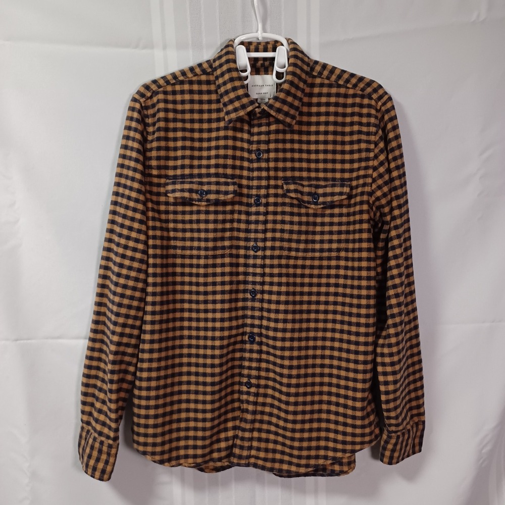 American Eagle Flannel Shirt Mens M Orange Blue Gingham Super Soft Button Up